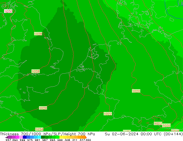 Thck 700-1000 hPa UK-Global nie. 02.06.2024 00 UTC