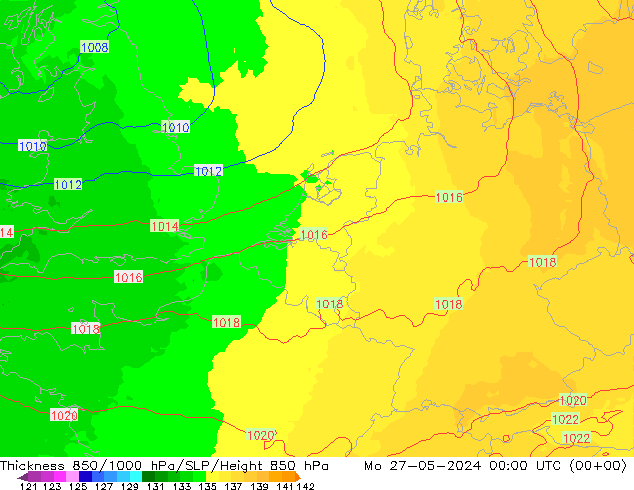 Dikte 850-1000 hPa UK-Global ma 27.05.2024 00 UTC