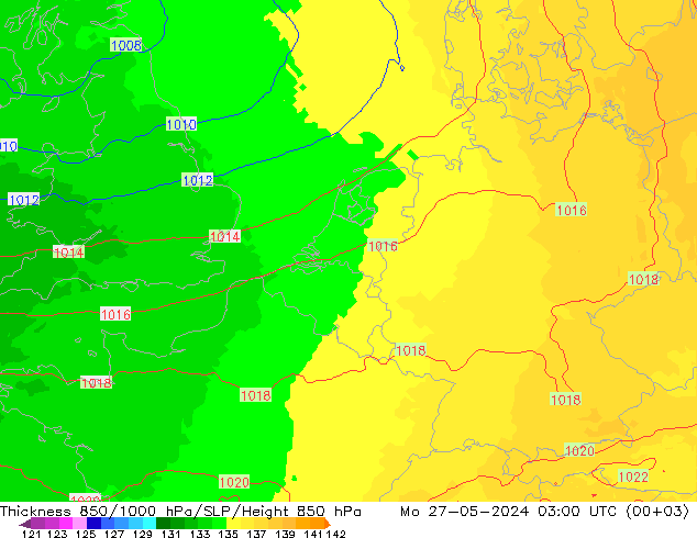 Schichtdicke 850-1000 hPa UK-Global Mo 27.05.2024 03 UTC