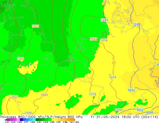 Schichtdicke 850-1000 hPa UK-Global Fr 31.05.2024 18 UTC