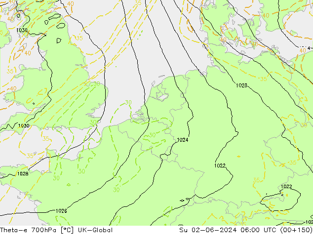 Theta-e 700hPa UK-Global Dom 02.06.2024 06 UTC