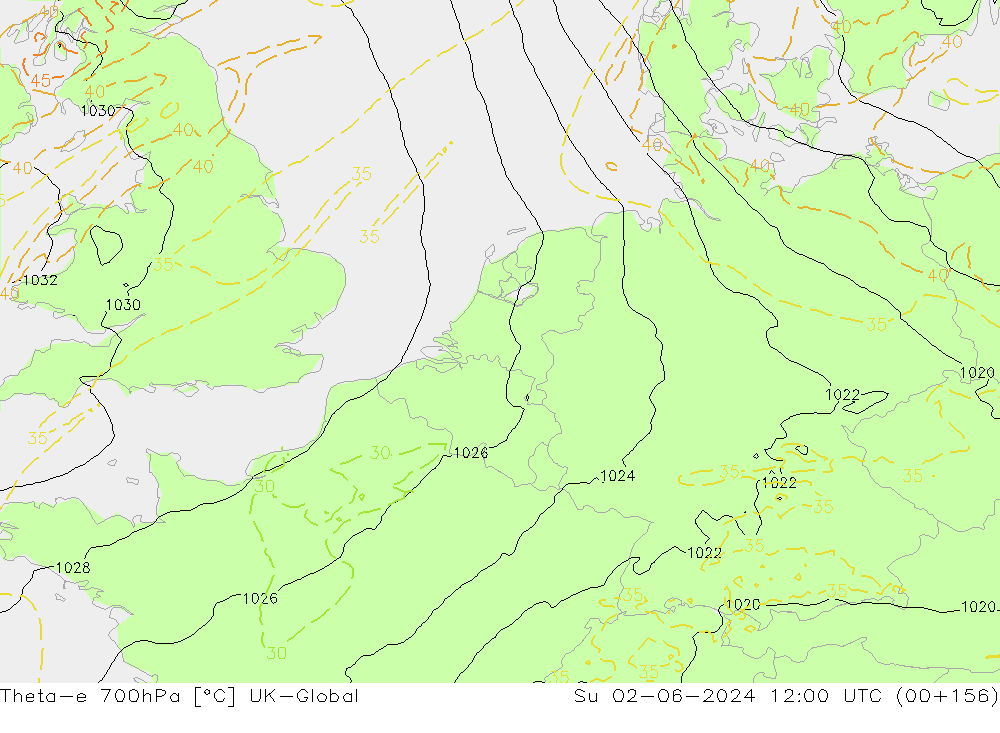 Theta-e 700hPa UK-Global Su 02.06.2024 12 UTC