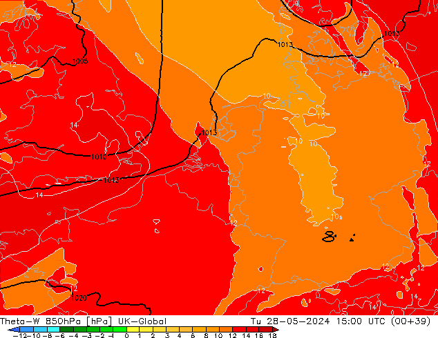 Theta-W 850hPa UK-Global Út 28.05.2024 15 UTC