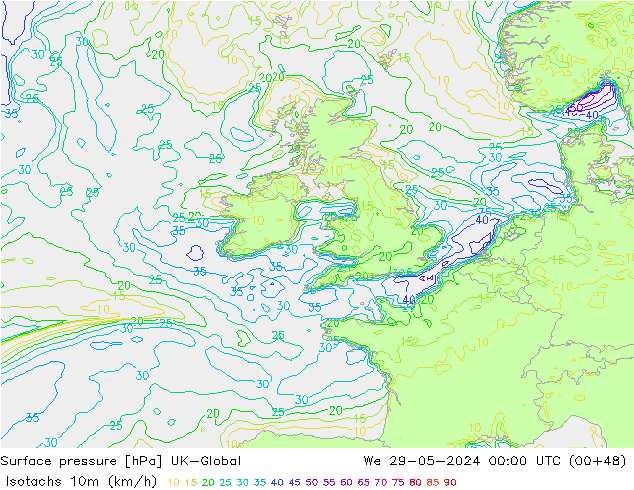 Isotachen (km/h) UK-Global wo 29.05.2024 00 UTC