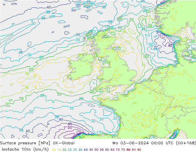 Isotachs (kph) UK-Global Mo 03.06.2024 00 UTC