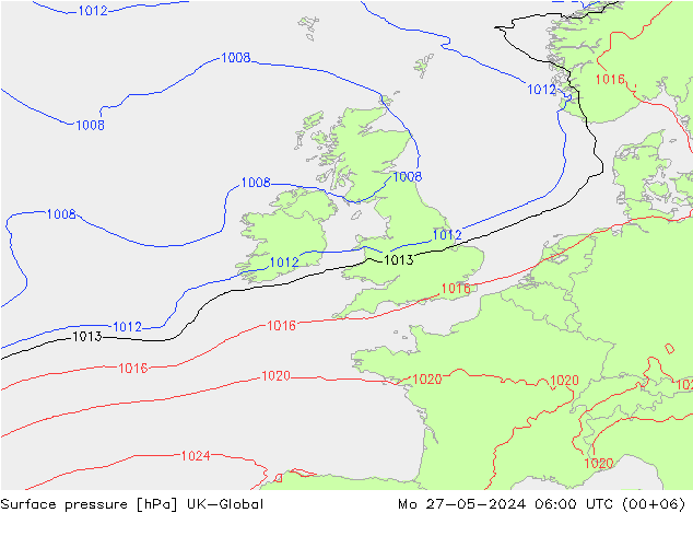 Surface pressure UK-Global Mo 27.05.2024 06 UTC