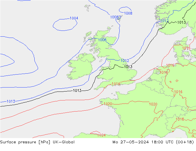 Surface pressure UK-Global Mo 27.05.2024 18 UTC