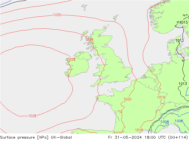 Atmosférický tlak UK-Global Pá 31.05.2024 18 UTC