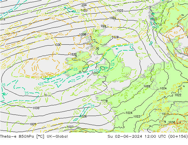 Theta-e 850hPa UK-Global dom 02.06.2024 12 UTC
