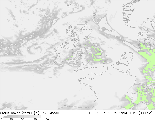 Cloud cover (total) UK-Global Tu 28.05.2024 18 UTC