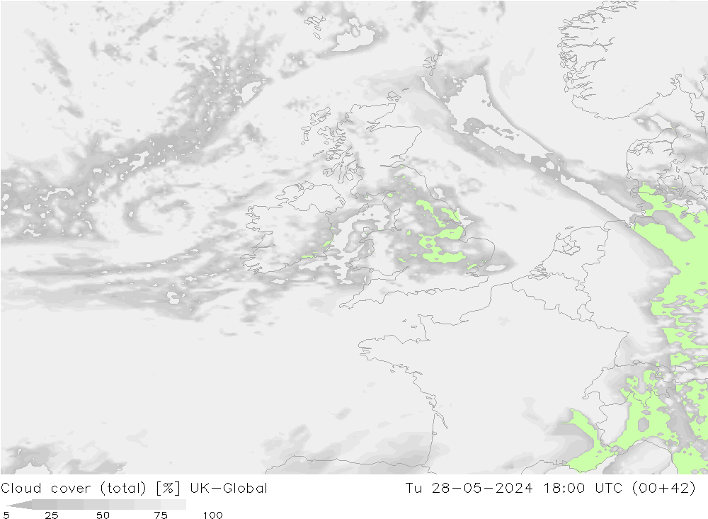 Cloud cover (total) UK-Global Tu 28.05.2024 18 UTC