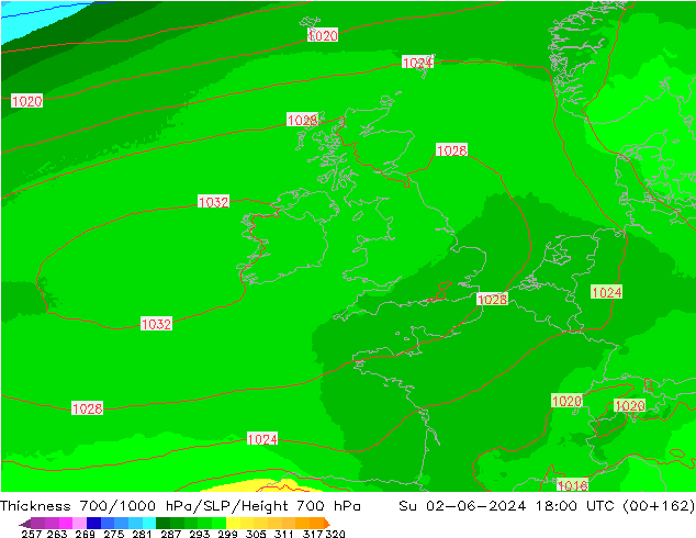 Thck 700-1000 гПа UK-Global Вс 02.06.2024 18 UTC