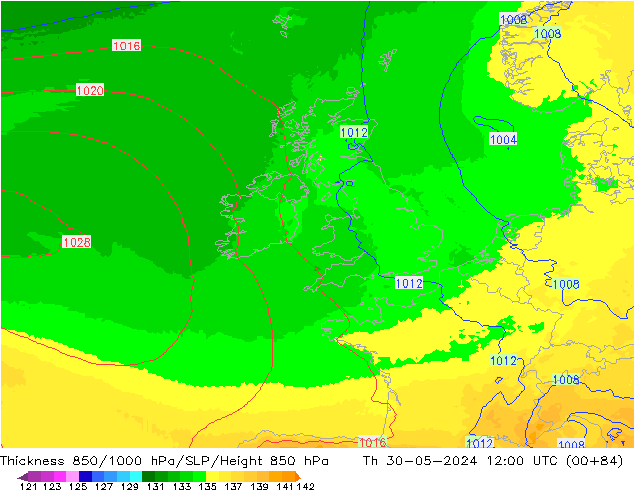 Schichtdicke 850-1000 hPa UK-Global Do 30.05.2024 12 UTC