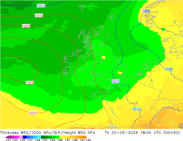 Thck 850-1000 hPa UK-Global  30.05.2024 18 UTC