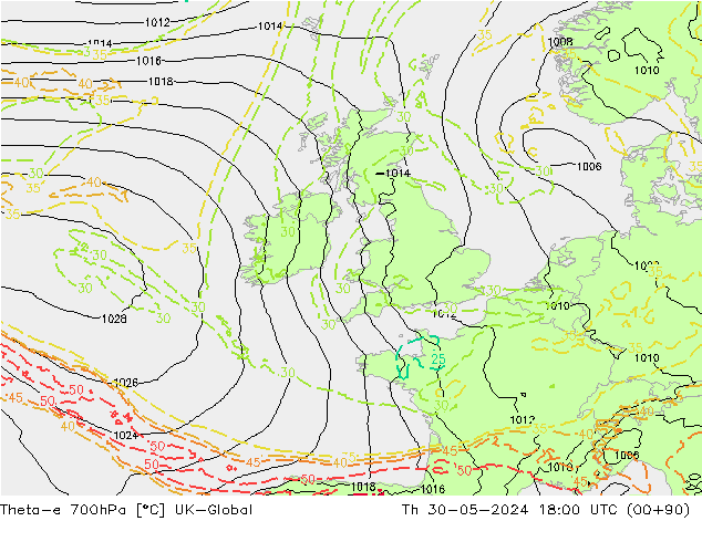 Theta-e 700hPa UK-Global Per 30.05.2024 18 UTC