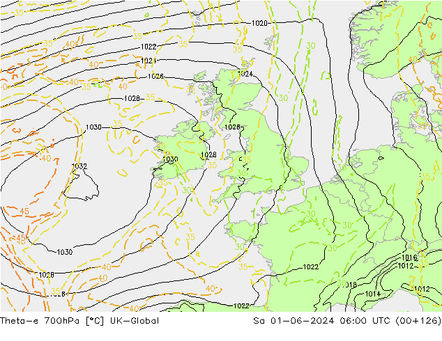 Theta-e 700hPa UK-Global So 01.06.2024 06 UTC