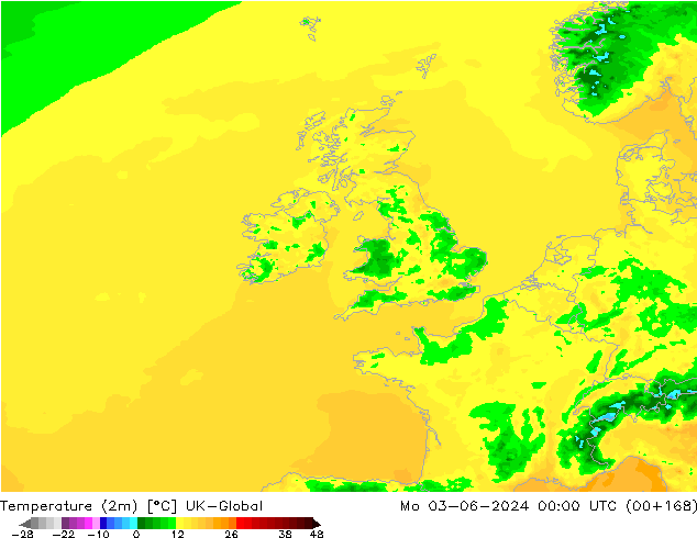 Temperature (2m) UK-Global Mo 03.06.2024 00 UTC