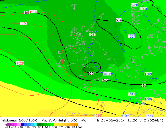 Thck 500-1000hPa UK-Global Th 30.05.2024 12 UTC