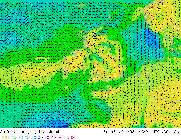 Viento 10 m UK-Global dom 02.06.2024 06 UTC