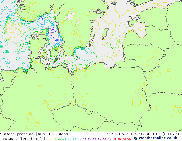 Izotacha (km/godz) UK-Global czw. 30.05.2024 00 UTC