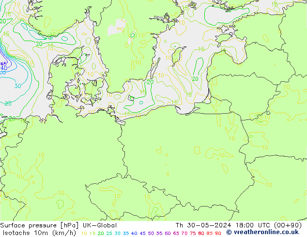 Isotachs (kph) UK-Global gio 30.05.2024 18 UTC