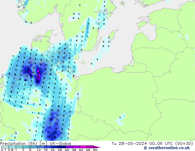 Precipitation (6h) UK-Global Tu 28.05.2024 06 UTC