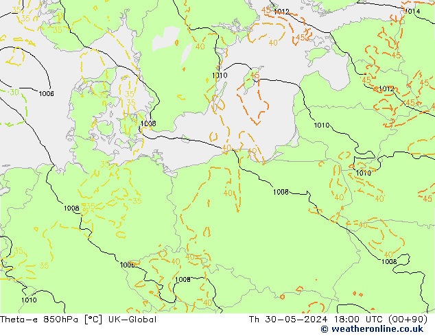 Theta-e 850hPa UK-Global gio 30.05.2024 18 UTC