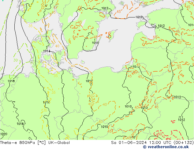 Theta-e 850hPa UK-Global sam 01.06.2024 12 UTC