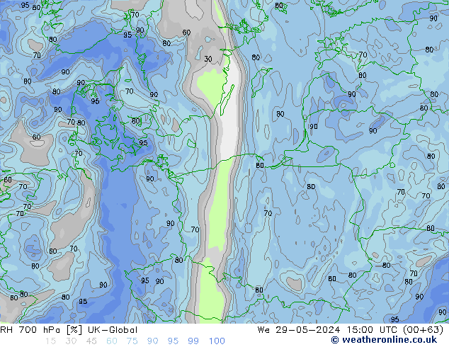 Humedad rel. 700hPa UK-Global mié 29.05.2024 15 UTC