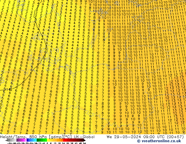 Height/Temp. 850 hPa UK-Global We 29.05.2024 09 UTC