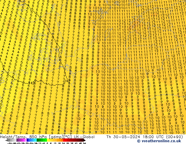 Hoogte/Temp. 850 hPa UK-Global do 30.05.2024 18 UTC