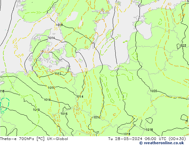 Theta-e 700hPa UK-Global Tu 28.05.2024 06 UTC