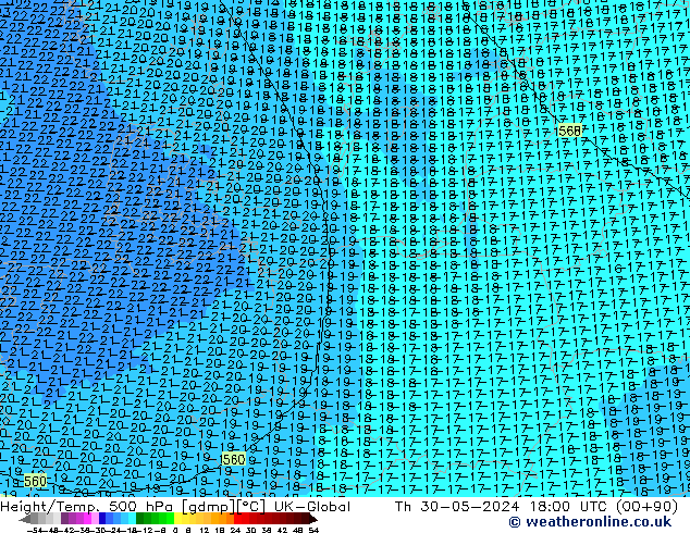 Height/Temp. 500 hPa UK-Global gio 30.05.2024 18 UTC