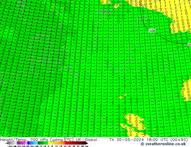 Height/Temp. 700 hPa UK-Global Th 30.05.2024 18 UTC