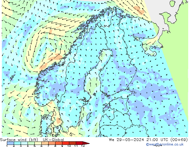 Vento 10 m (bft) UK-Global mer 29.05.2024 21 UTC