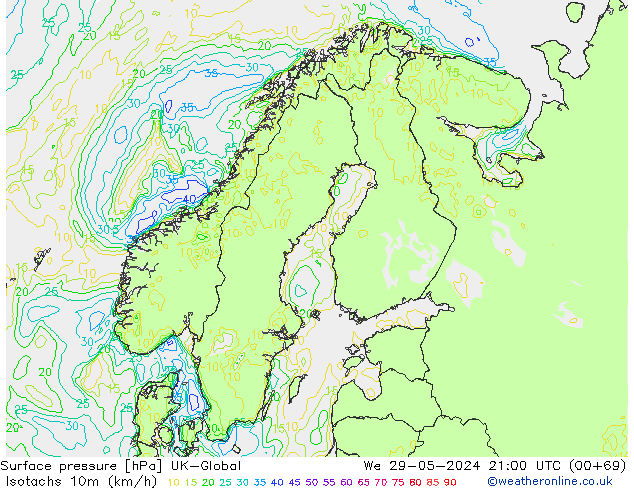 Isotachs (kph) UK-Global mer 29.05.2024 21 UTC