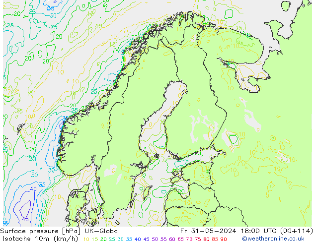 Isotachs (kph) UK-Global Fr 31.05.2024 18 UTC