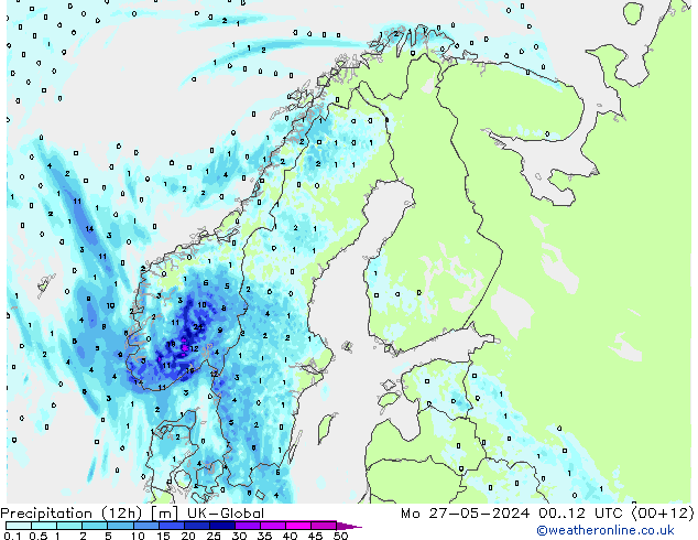 Totale neerslag (12h) UK-Global ma 27.05.2024 12 UTC