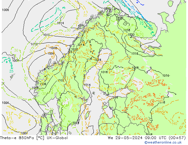 Theta-e 850hPa UK-Global mié 29.05.2024 09 UTC