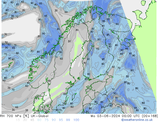 Humidité rel. 700 hPa UK-Global lun 03.06.2024 00 UTC