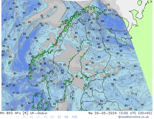 Humedad rel. 850hPa UK-Global mié 29.05.2024 12 UTC