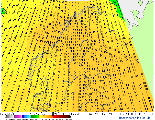 Height/Temp. 850 hPa UK-Global Mi 29.05.2024 18 UTC