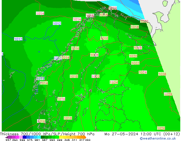 Dikte700-1000 hPa UK-Global ma 27.05.2024 12 UTC