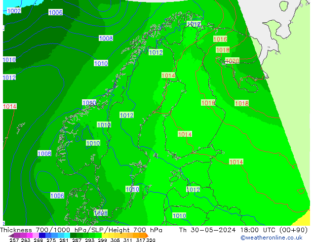 700-1000 hPa Kalınlığı UK-Global Per 30.05.2024 18 UTC