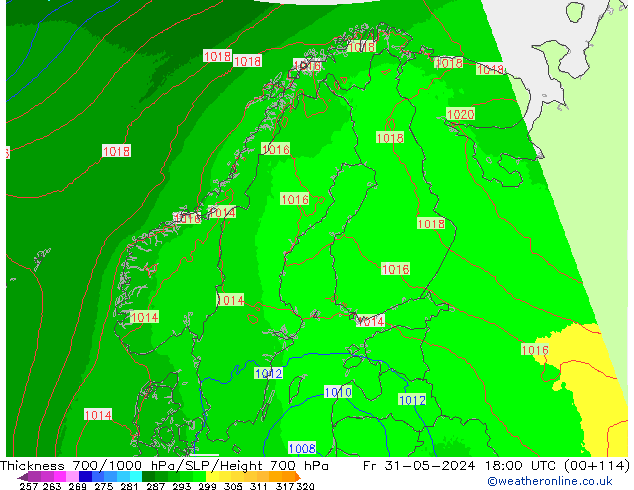 Thck 700-1000 hPa UK-Global Fr 31.05.2024 18 UTC