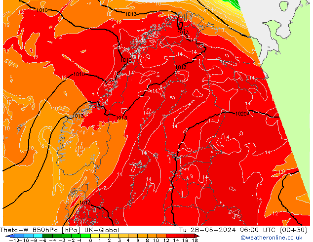Theta-W 850hPa UK-Global Di 28.05.2024 06 UTC