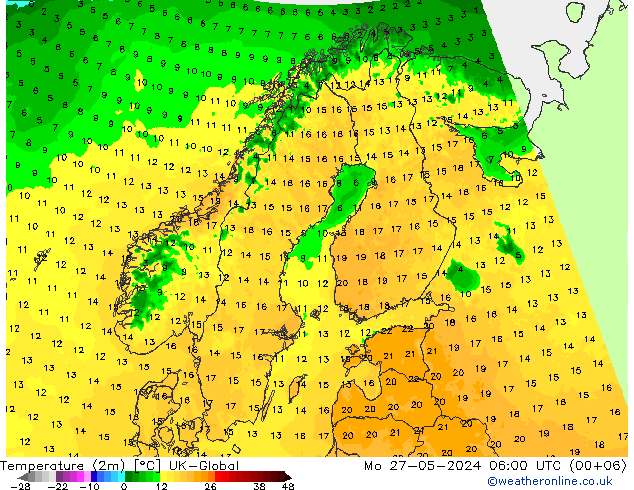 Temperatura (2m) UK-Global Seg 27.05.2024 06 UTC