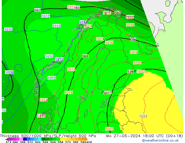 Dikte 500-1000hPa UK-Global ma 27.05.2024 18 UTC