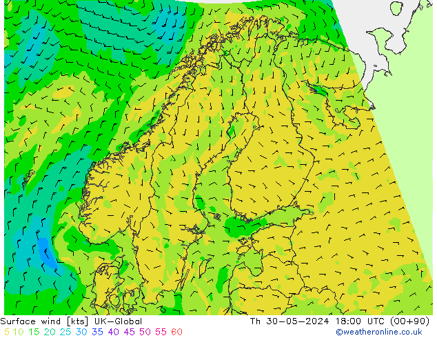 Surface wind UK-Global Th 30.05.2024 18 UTC