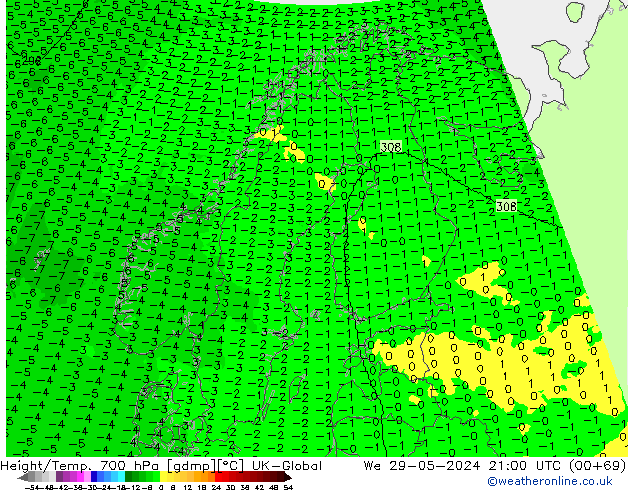 Height/Temp. 700 hPa UK-Global  29.05.2024 21 UTC